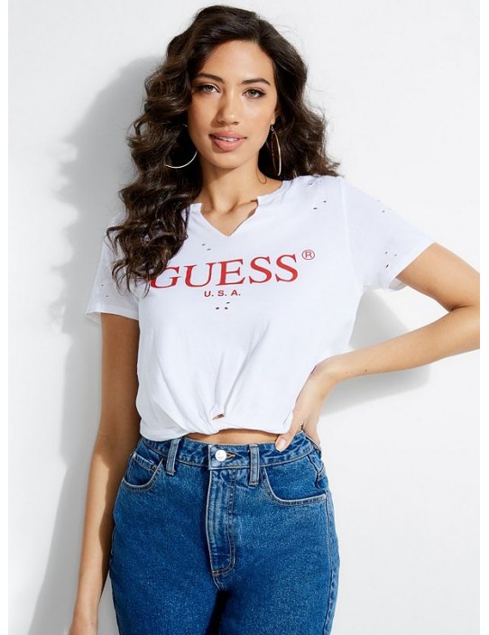 GUESS tričko Logo Cropped Tee bílé