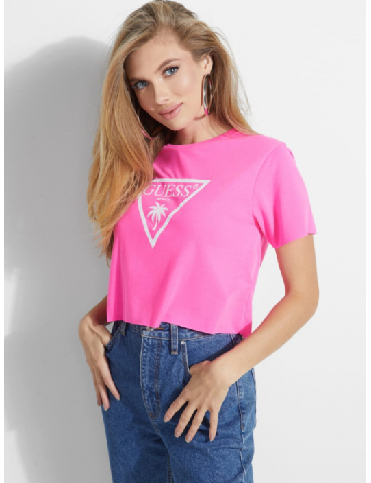 GUESS tričko Cropped Neon Beach Tee pink